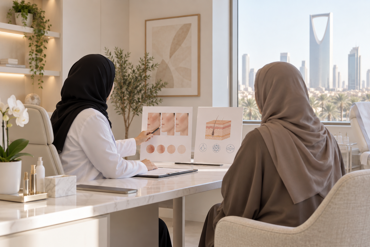 Botox vs fillers in Riyadh consultation with female cosmetic dermatologist